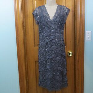 Blu Sage Gray Lace Overlay Beaded Dress Cap Sleeve Layered Stretch Size 8